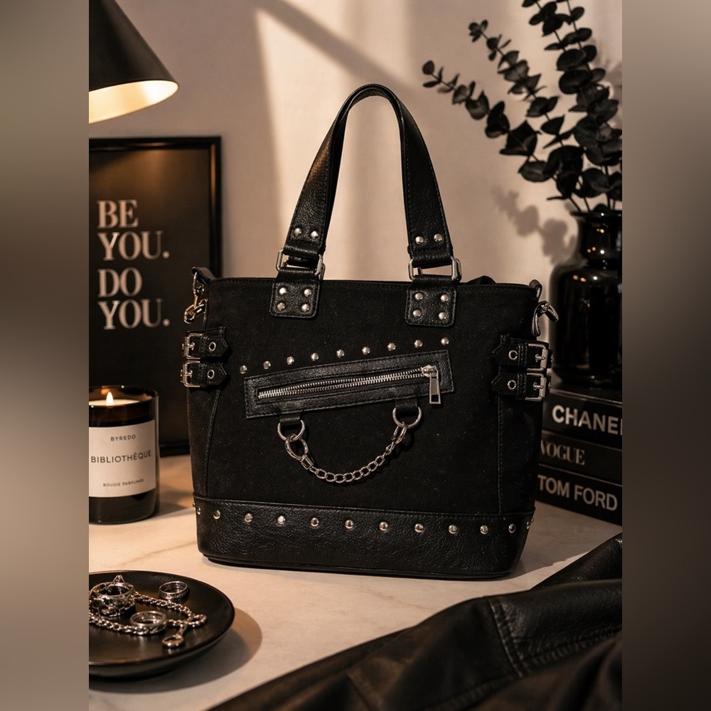 New Edgy Black Studded Shoulder Bag